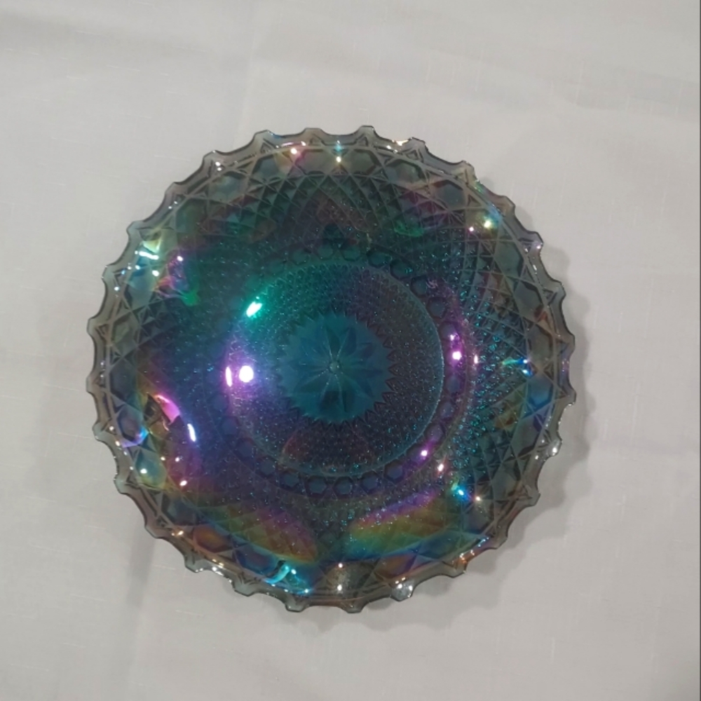 Vintage Iridescent Carnival Glass Plate With Ruffled Edge.